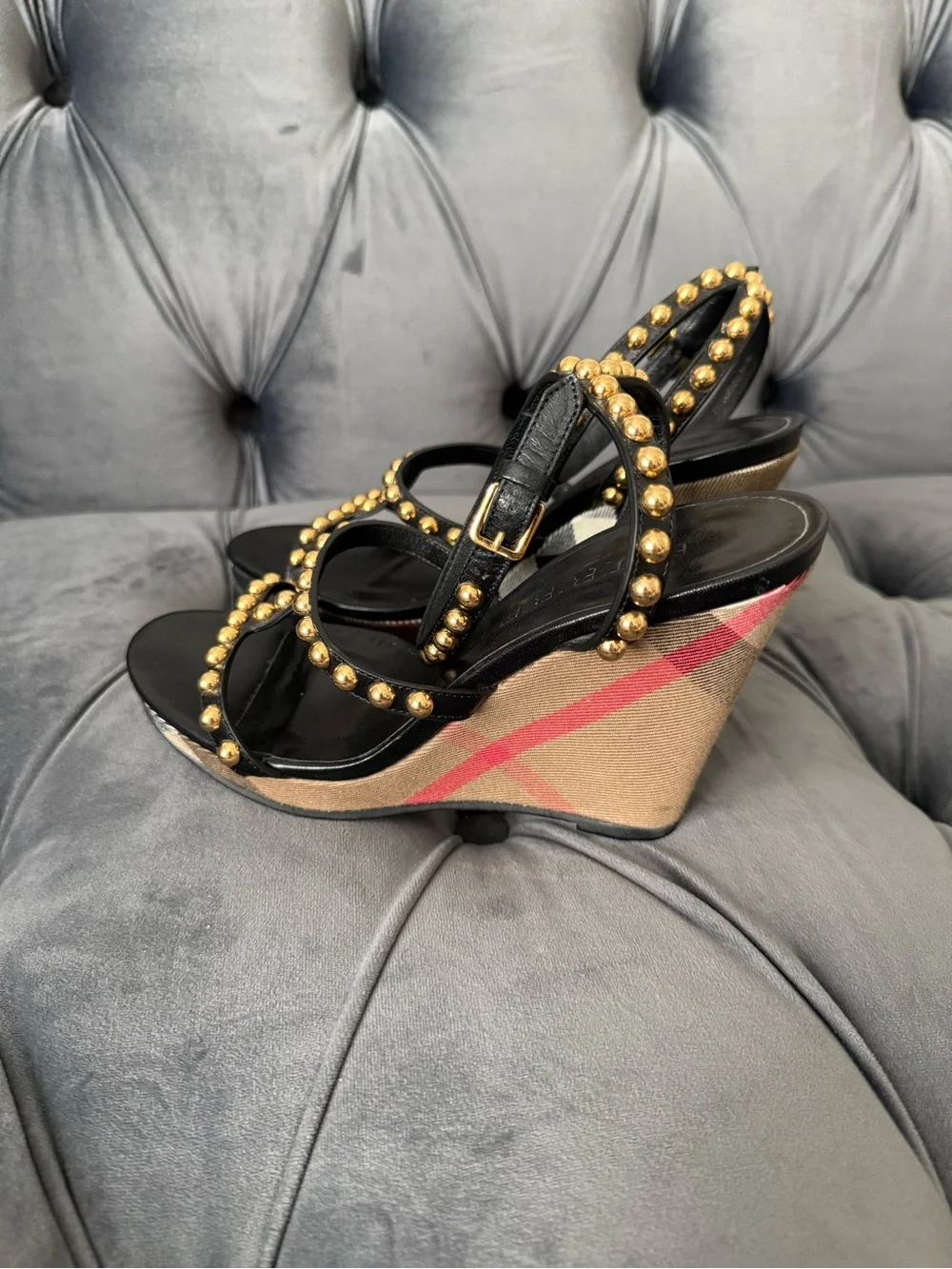 Worn Once! Burberry Black Strappy Studded Check Wedge Sandals